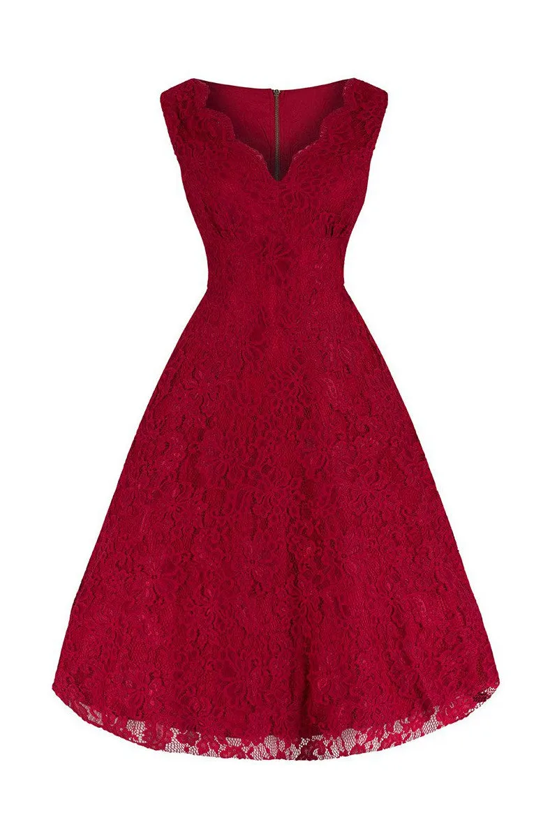 Jolie Moi Vintage Red Embroidered Lace Swing Bridesmaid Dress