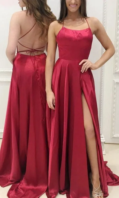 kamahe Casual Red Simple Spaghetti Straps Backless Sweep Train Backless Prom Dresses With Pockets