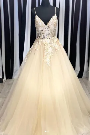 kamahe Champagne V Neck Tulle Lace Long Prom Dresses Evening Dresses