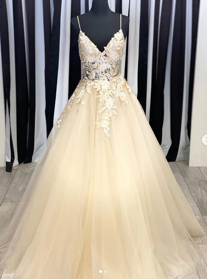 kamahe Champagne V Neck Tulle Lace Long Prom Dresses Evening Dresses