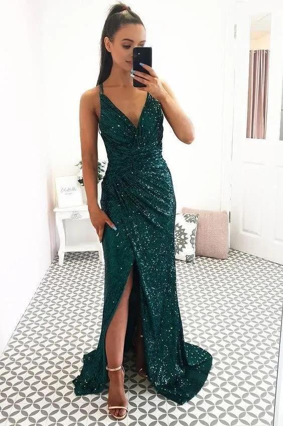 kamahe Green Fitted V Neck Prom Dress For Girl Sequin Backless Formal Gown Side Slit