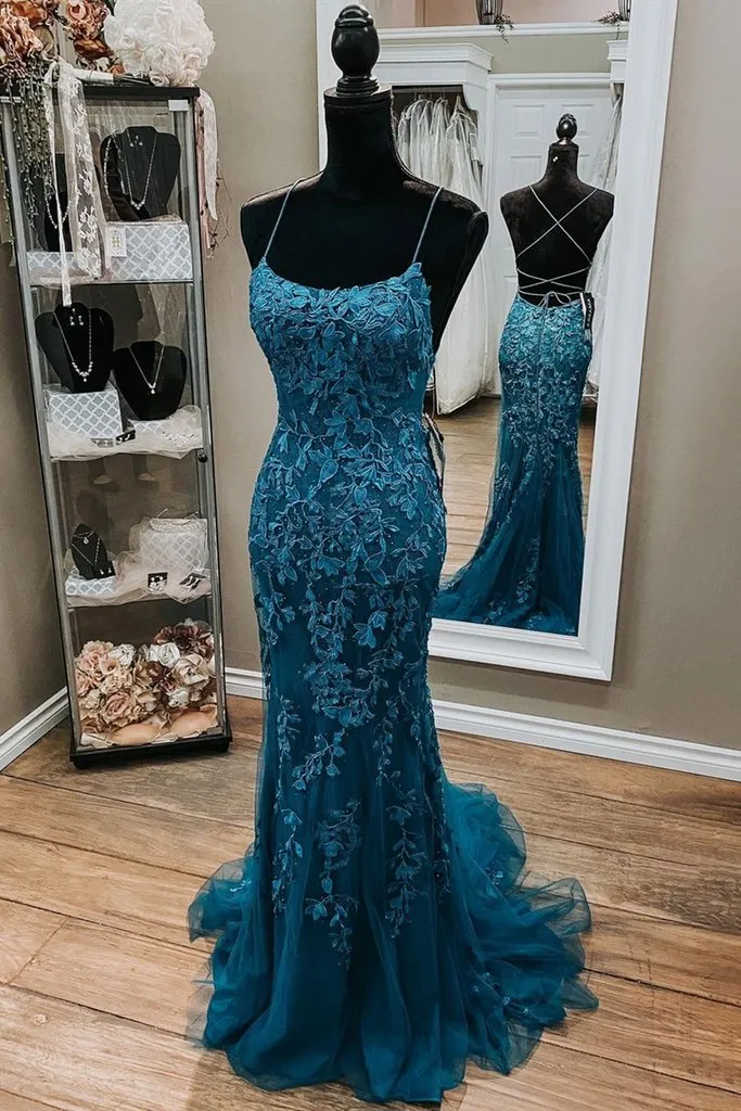 kamahe Mermaid Lace Appliques Straps Long Prom Dresses Evening Dresses