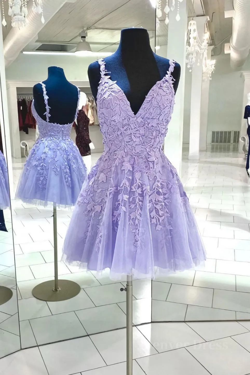 kamahe Purple v neck tulle lace short prom dress lace cocktail dress