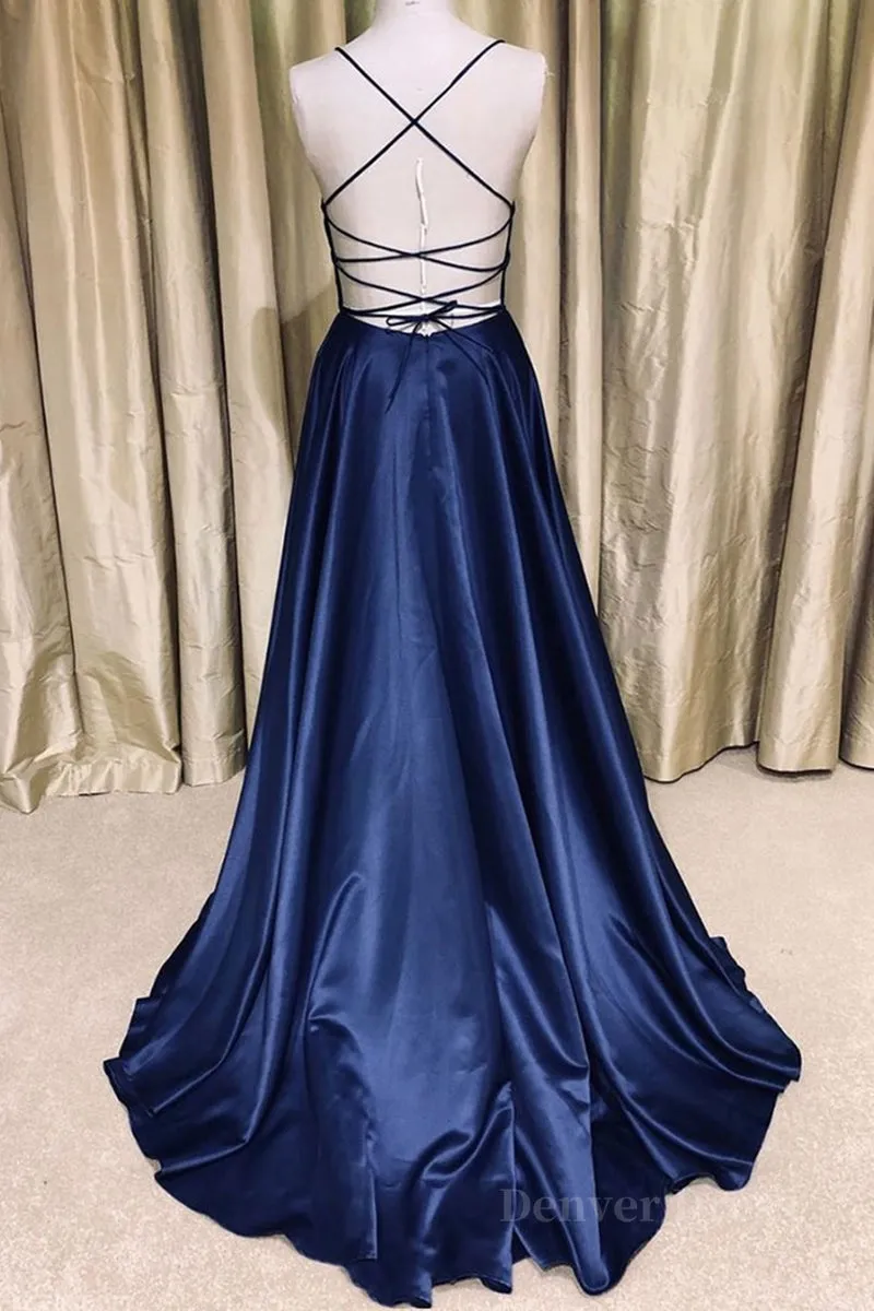 kamahe Royal Blue V Neck Backless Satin Long Prom Dresses, Royal Blue Formal Dresses, Backless Royal Blue Evening Dresses