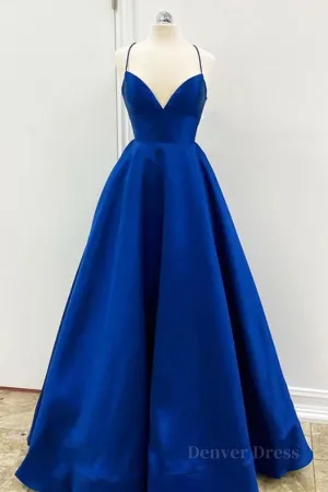 kamahe Simple V Neck Backless Royal Blue Satin Long Prom Dress, Royal Blue Backless Formal Dress, Royal Blue Evening Dress, Ball Gown