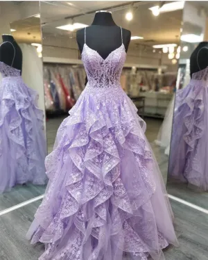 kamahe Spaghetti Staps Lilac Prom Dresses Evening Gowns with Sheer Bodice