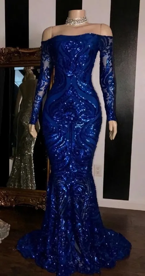 kamahe Sparkly Sequined Mermaid African Prom Dresses Royal Blue Long Sleeve Graduation Formal Dress Plus Size Evening Gowns