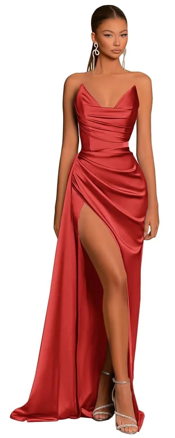 L1031 - Sheath/Column Strapless Satin Pleats Sleeveless Prom Dress