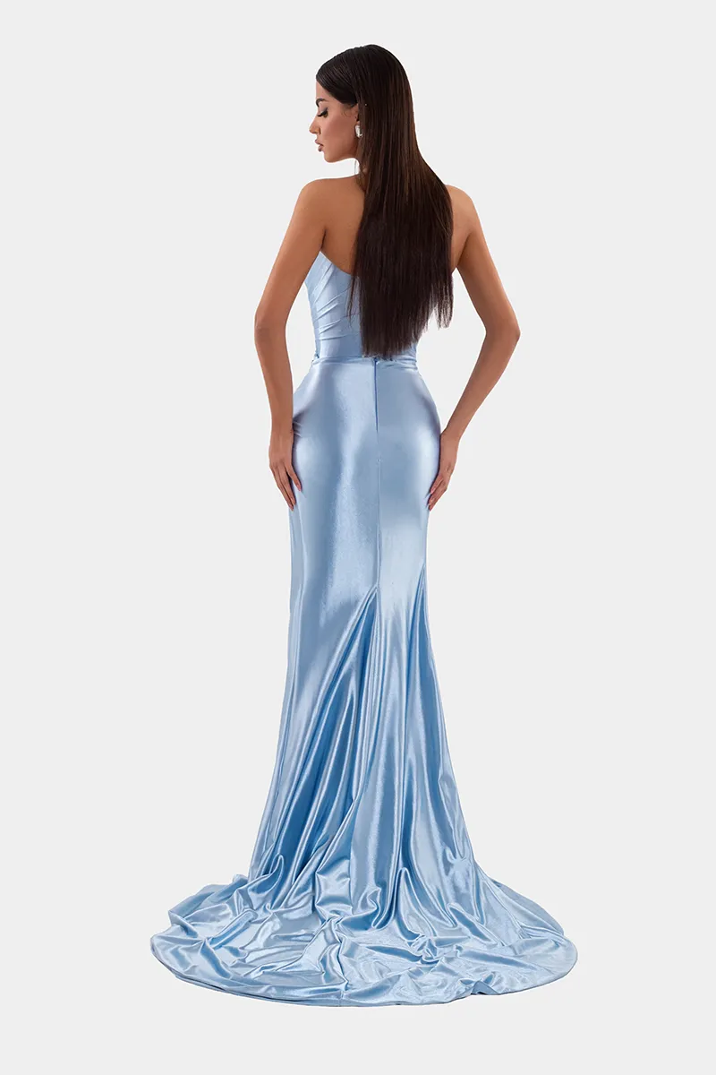 L1114 - Strapless Cut Outs Beaded Ruched Satin Sheath Long Evening Gown