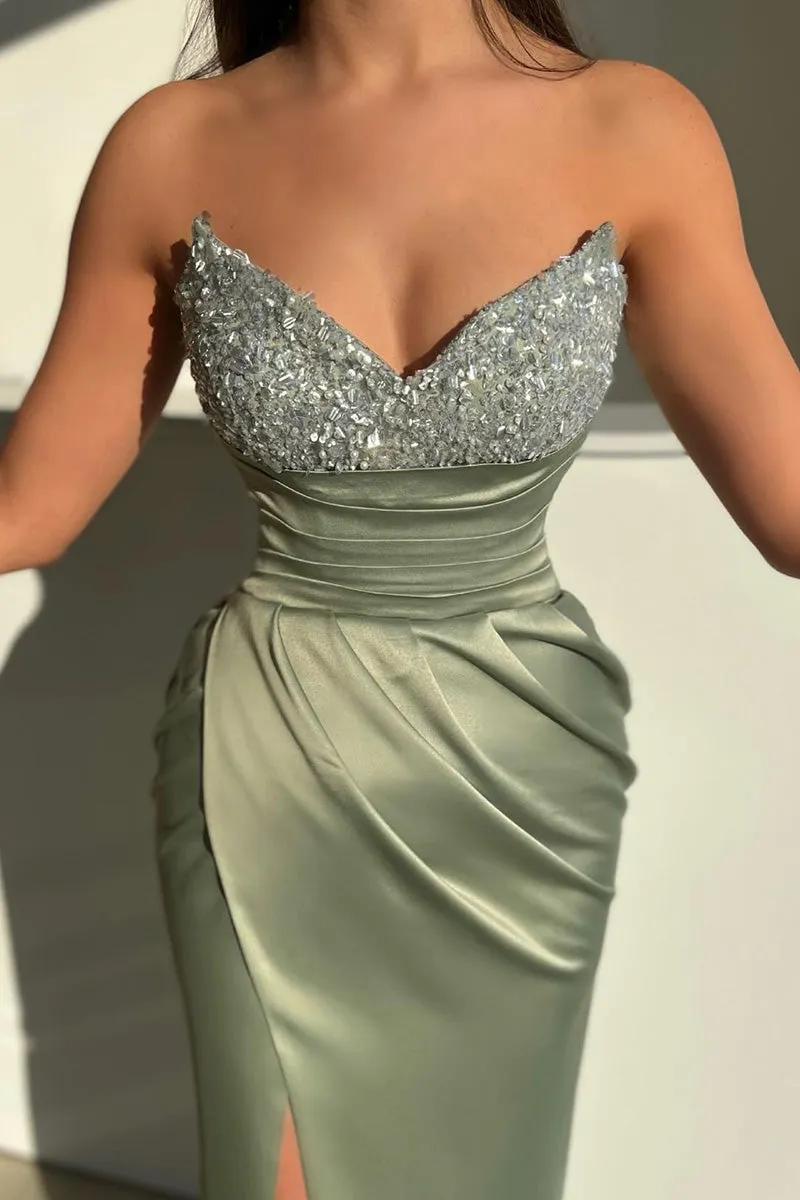 L1211 - Strapless V-Neck Sequined Beaded Ruched Satin Sheath Long Evening Dress