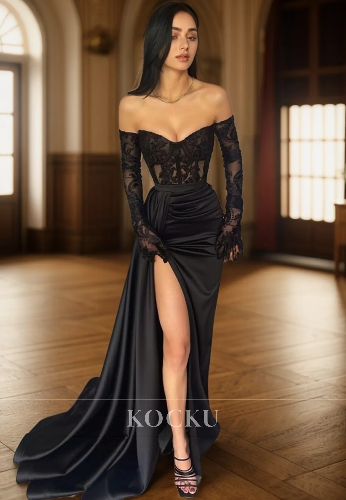 L1580 - Strapless Lace Bodice Sheath Long Prom Evening Gown With Slit