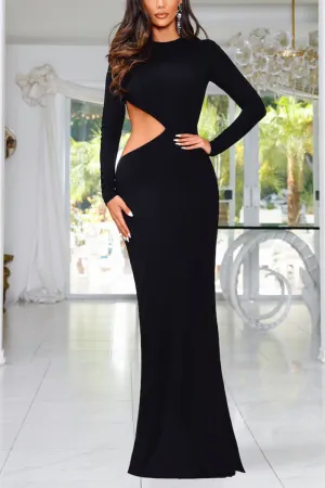 L1826 - Scoop Long Sleeves Cut Outs Satin Sheath Long Formal Evening Gown