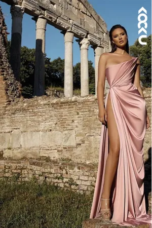 L1876 - Strapless Sleeveless Ruched Satin Sheath Long Evening Dress With Slit