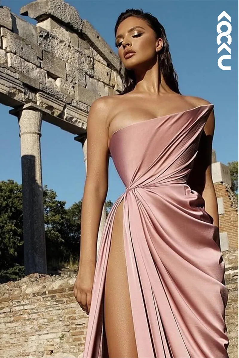 L1876 - Strapless Sleeveless Ruched Satin Sheath Long Evening Dress With Slit