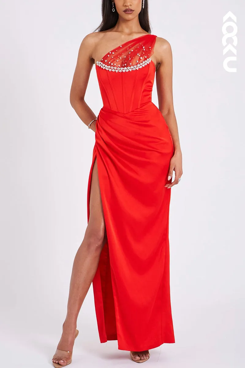 L1924 - One Shoulder Beaded Tulle Ruched Satin Sheath Long Evening Dress