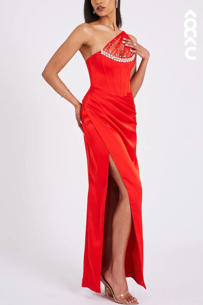 L1924 - One Shoulder Beaded Tulle Ruched Satin Sheath Long Evening Dress