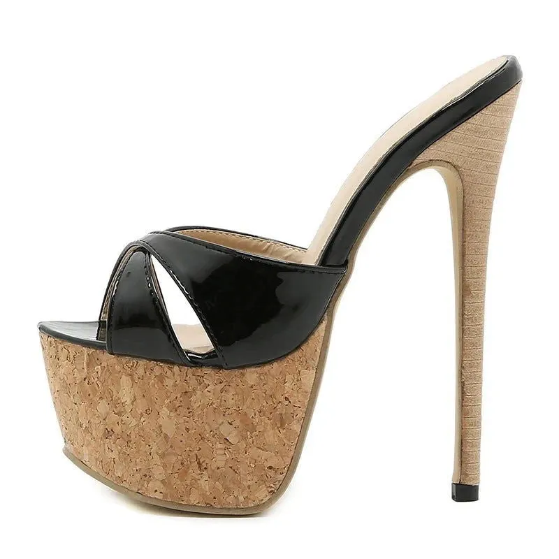 Leather Peep Toe Turned-Over Edge Super High Heel Sandals