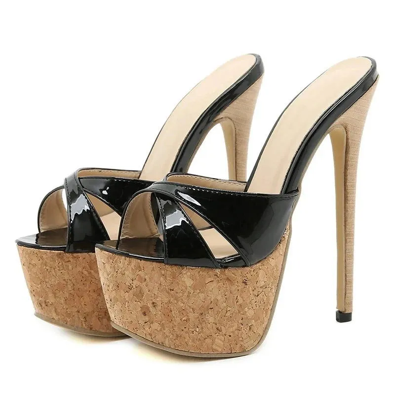 Leather Peep Toe Turned-Over Edge Super High Heel Sandals