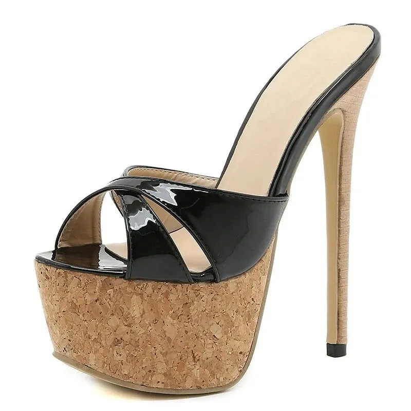 Leather Peep Toe Turned-Over Edge Super High Heel Sandals