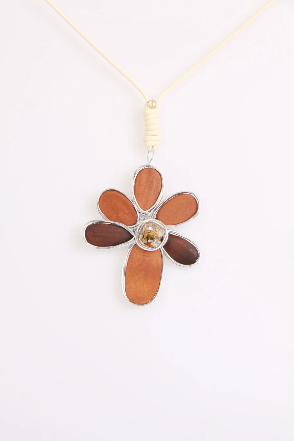 Long Oak Wood Effect Flower Lagenlook Necklace