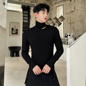 Male Top Versatile Tight Hollow Out Inner Turtleneck Solid Color Long Sleeve T-shirt 2023 Autumn Fashion Sexy 9C1356