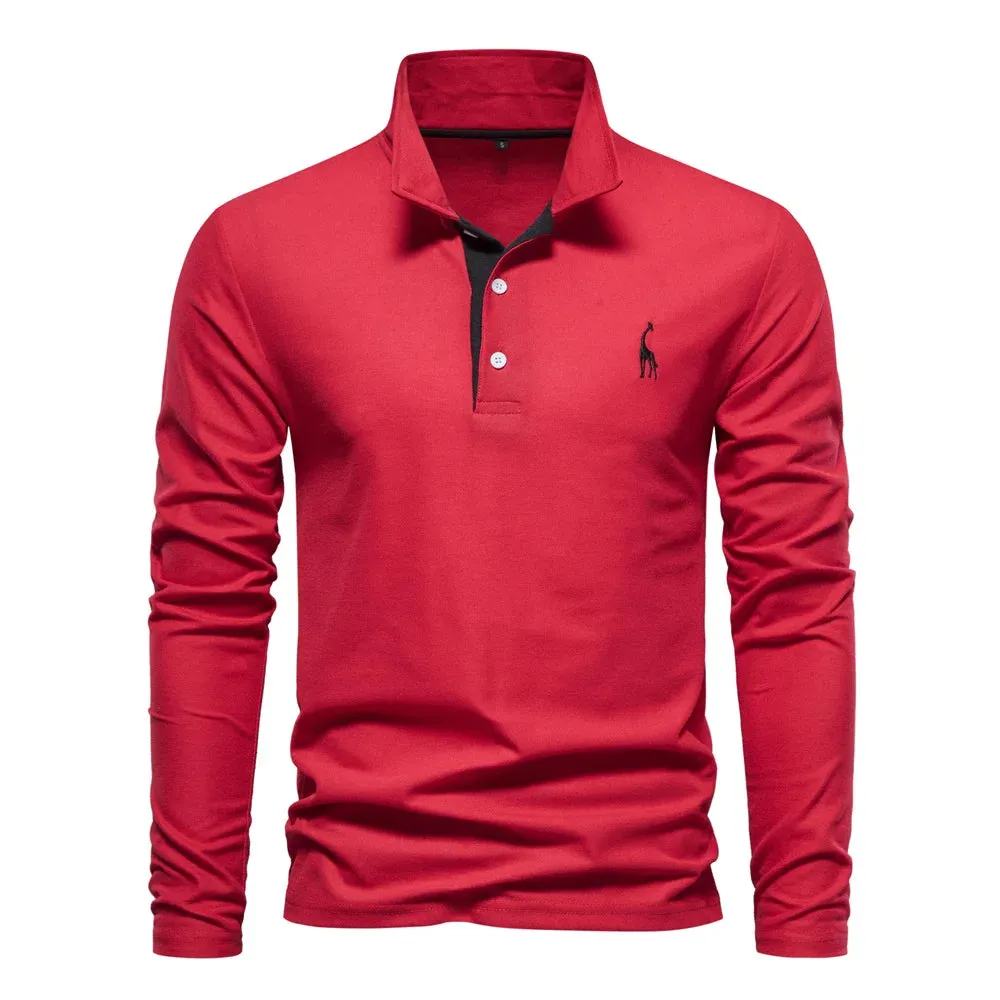 Men's Deer Embroidery Polo Shirts Solid Color Long Sleeve Social Business Male