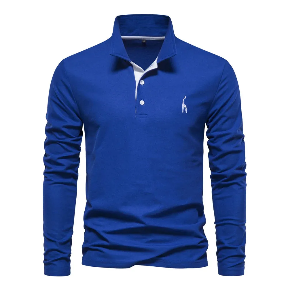 Men's Deer Embroidery Polo Shirts Solid Color Long Sleeve Social Business Male