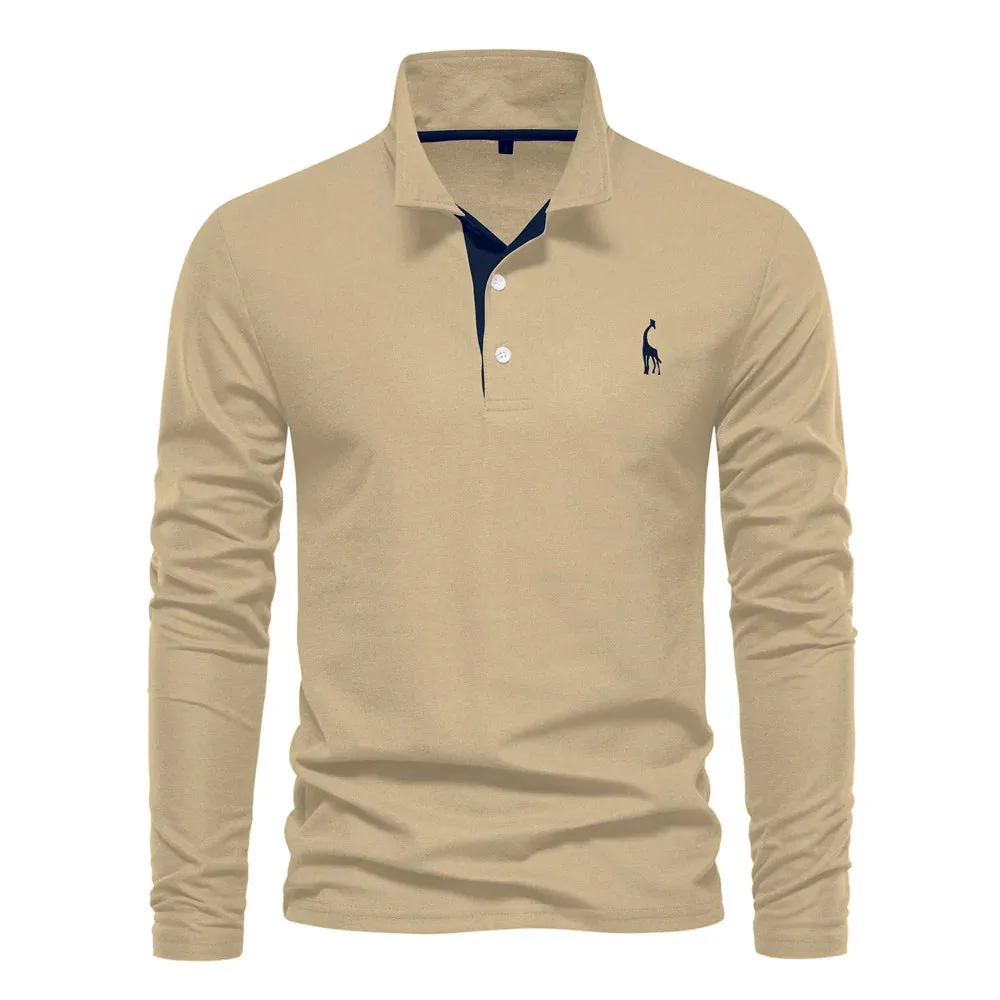 Men's Deer Embroidery Polo Shirts Solid Color Long Sleeve Social Business Male