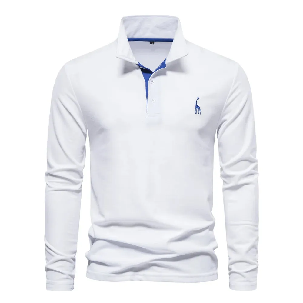 Men's Deer Embroidery Polo Shirts Solid Color Long Sleeve Social Business Male