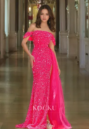 Off-Shoulder Sleeveless Mermaid Sweep Train Ruched Sequins Prom Dress Party Gowns with High Slit