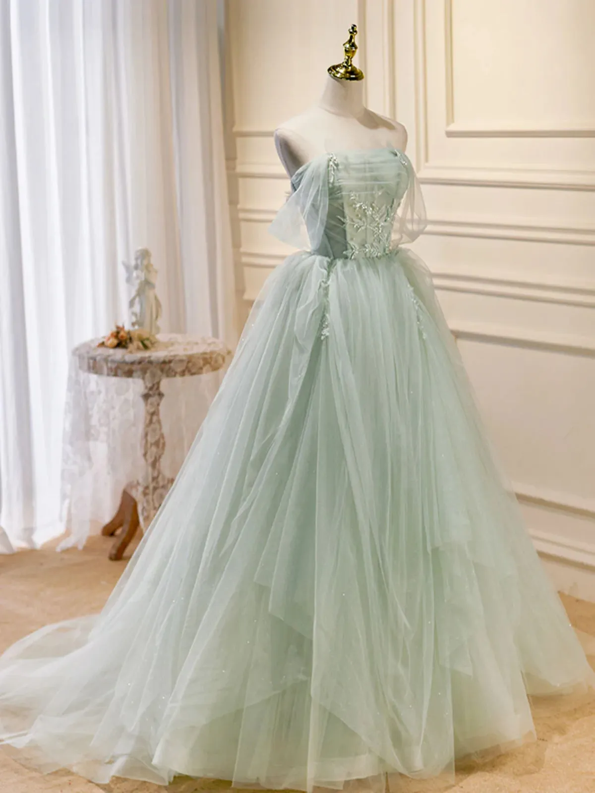 Off the Shoulder Green Tulle Long Prom Dresses, Green Off Shoulder Long Formal Evening Dresses