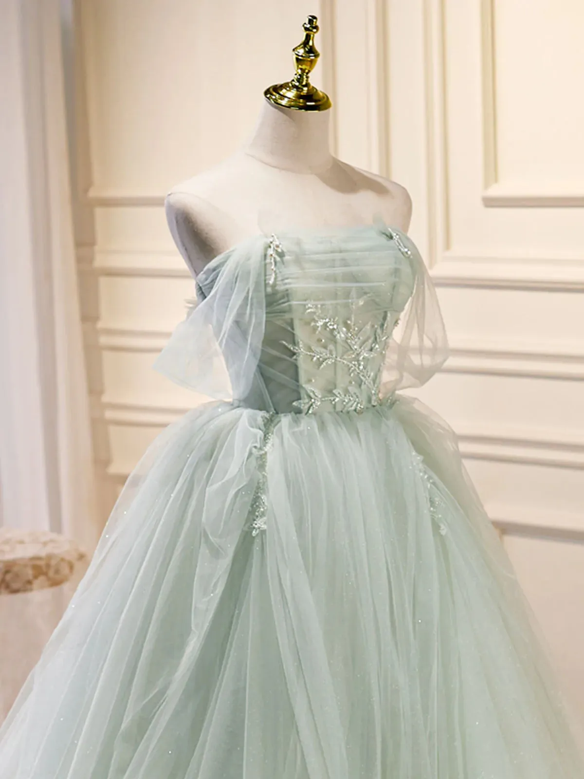 Off the Shoulder Green Tulle Long Prom Dresses, Green Off Shoulder Long Formal Evening Dresses