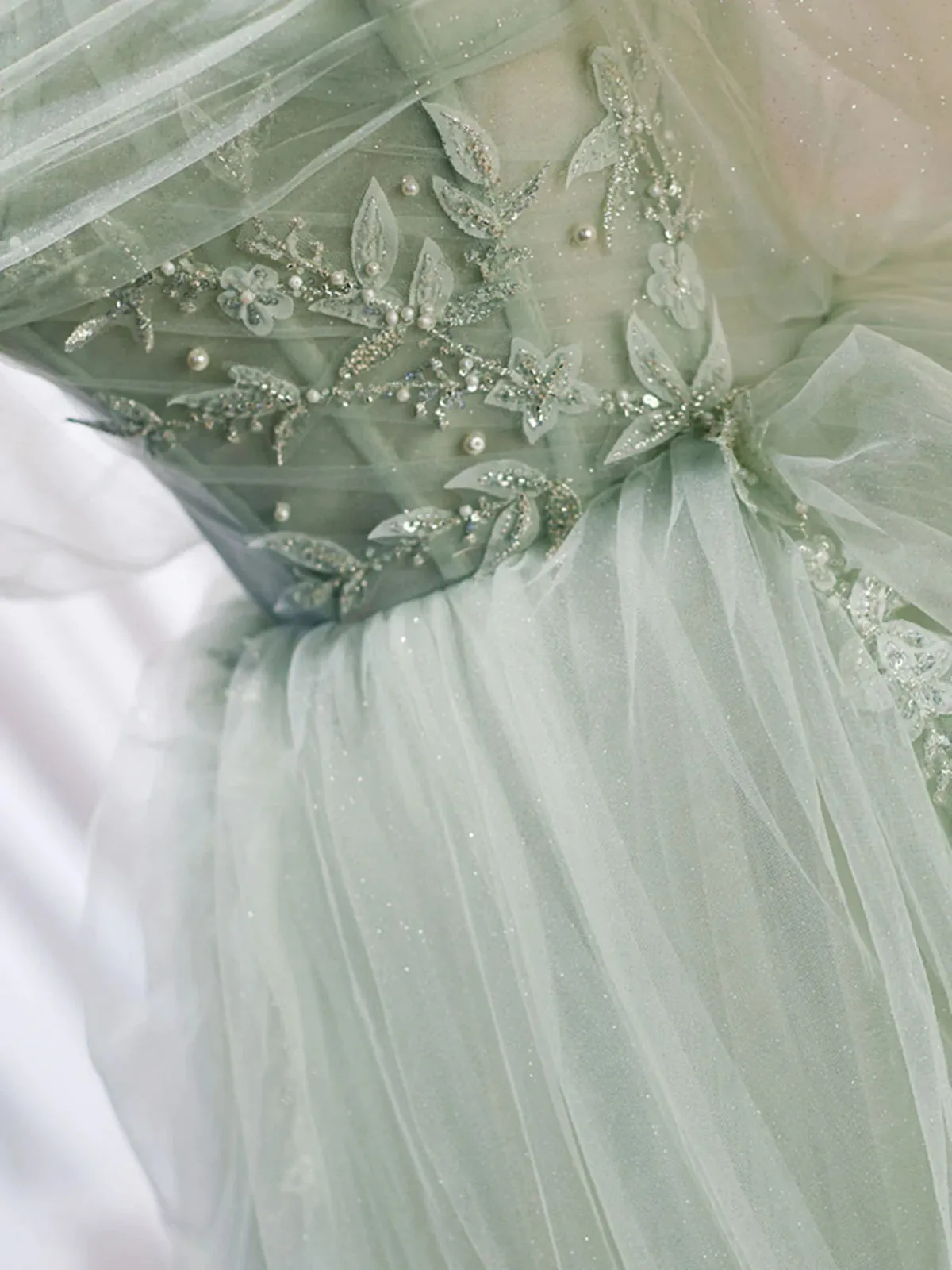 Off the Shoulder Green Tulle Long Prom Dresses, Green Off Shoulder Long Formal Evening Dresses