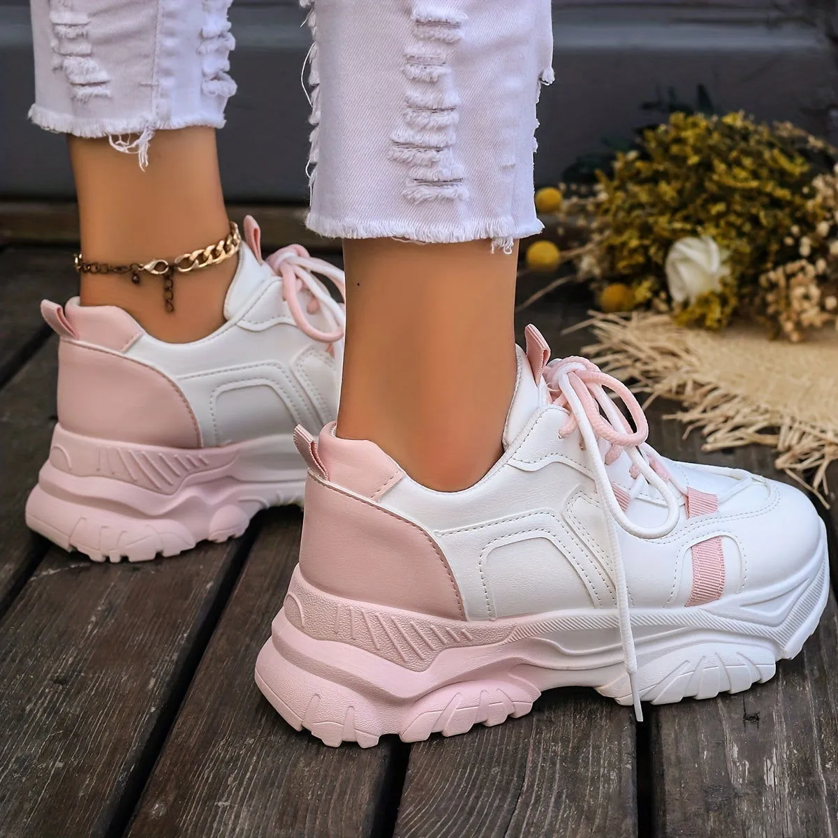 On-Trend Two Tone Comfy Low Top Platform Trainers Sneakers