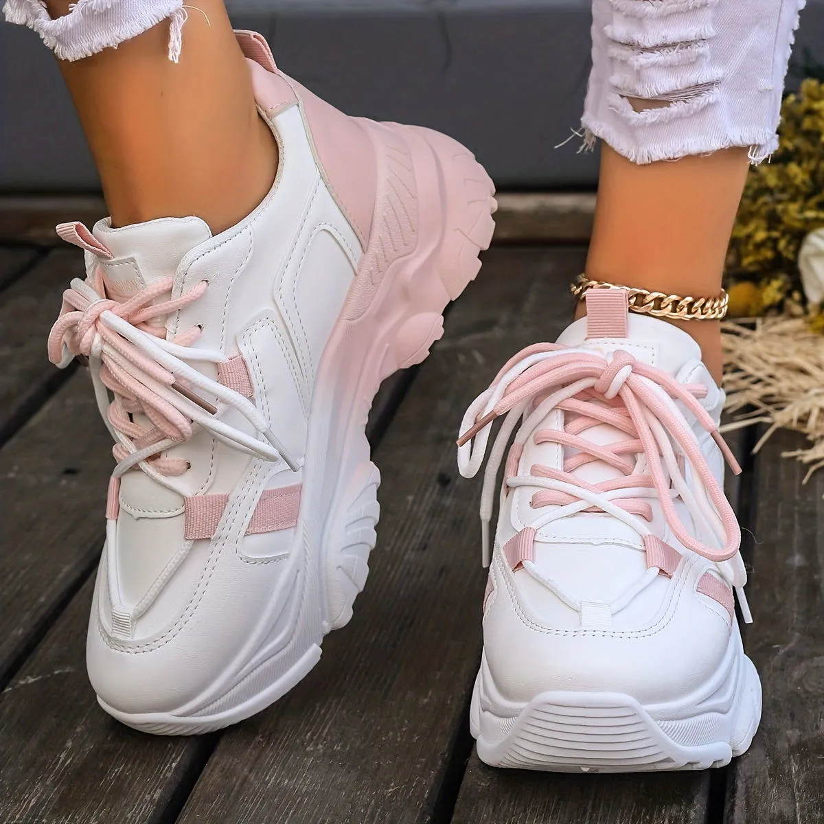 On-Trend Two Tone Comfy Low Top Platform Trainers Sneakers