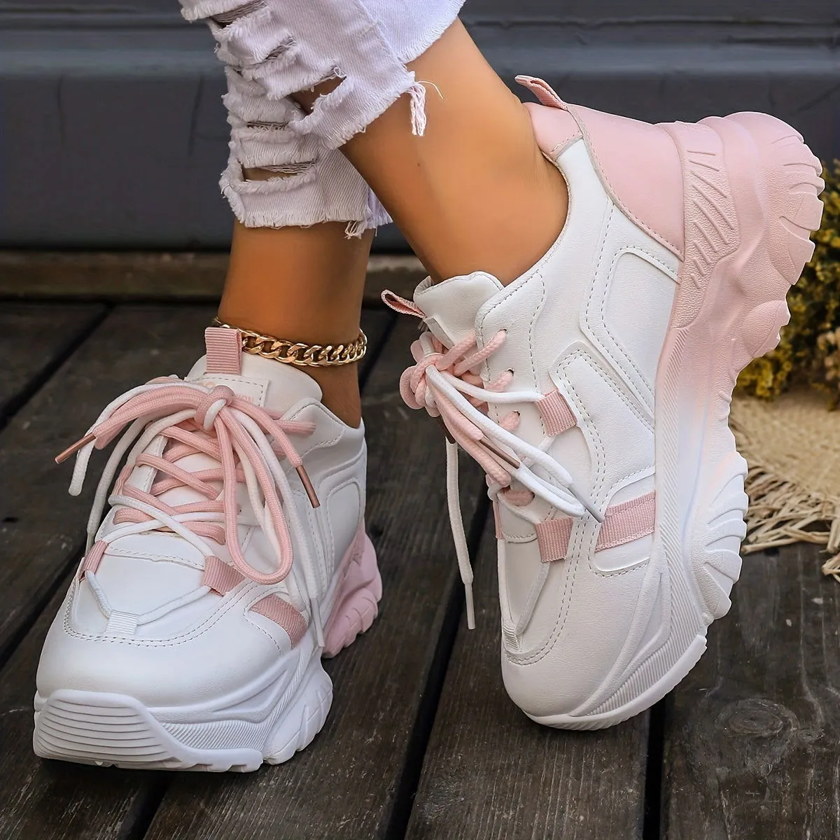 On-Trend Two Tone Comfy Low Top Platform Trainers Sneakers