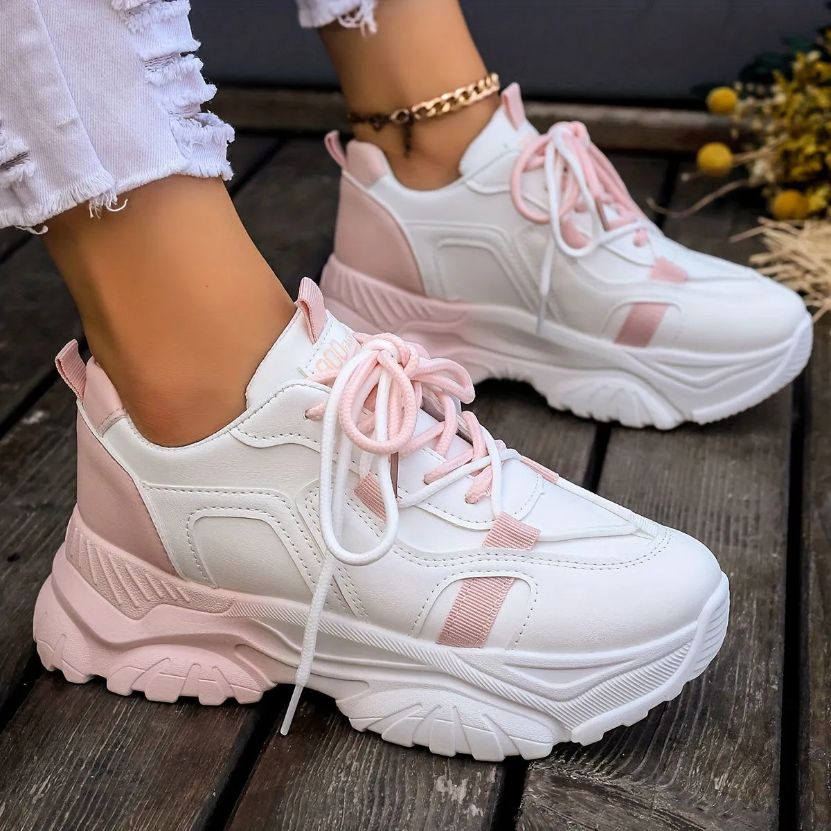 On-Trend Two Tone Comfy Low Top Platform Trainers Sneakers