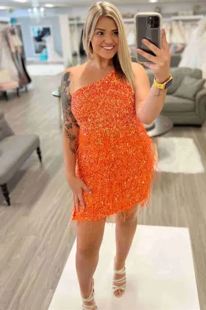 One Shoulder Sequined Orange Mini Homecoming Dress with Feather