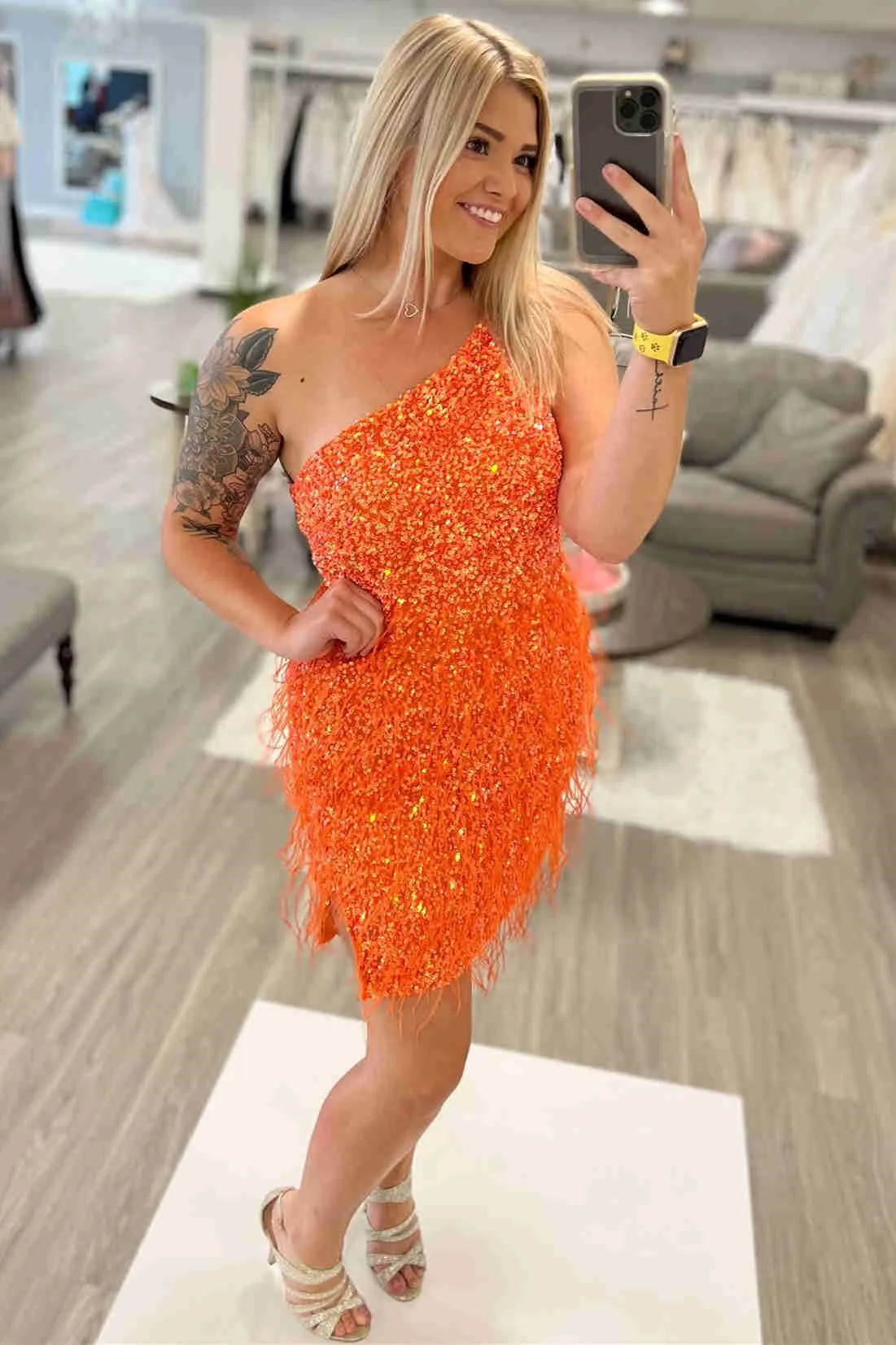 One Shoulder Sequined Orange Mini Homecoming Dress with Feather