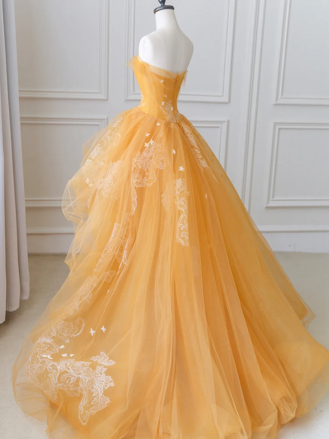 Orange Tulle Lace Long High Low Prom Dress A-Line Strapless Evening Dress