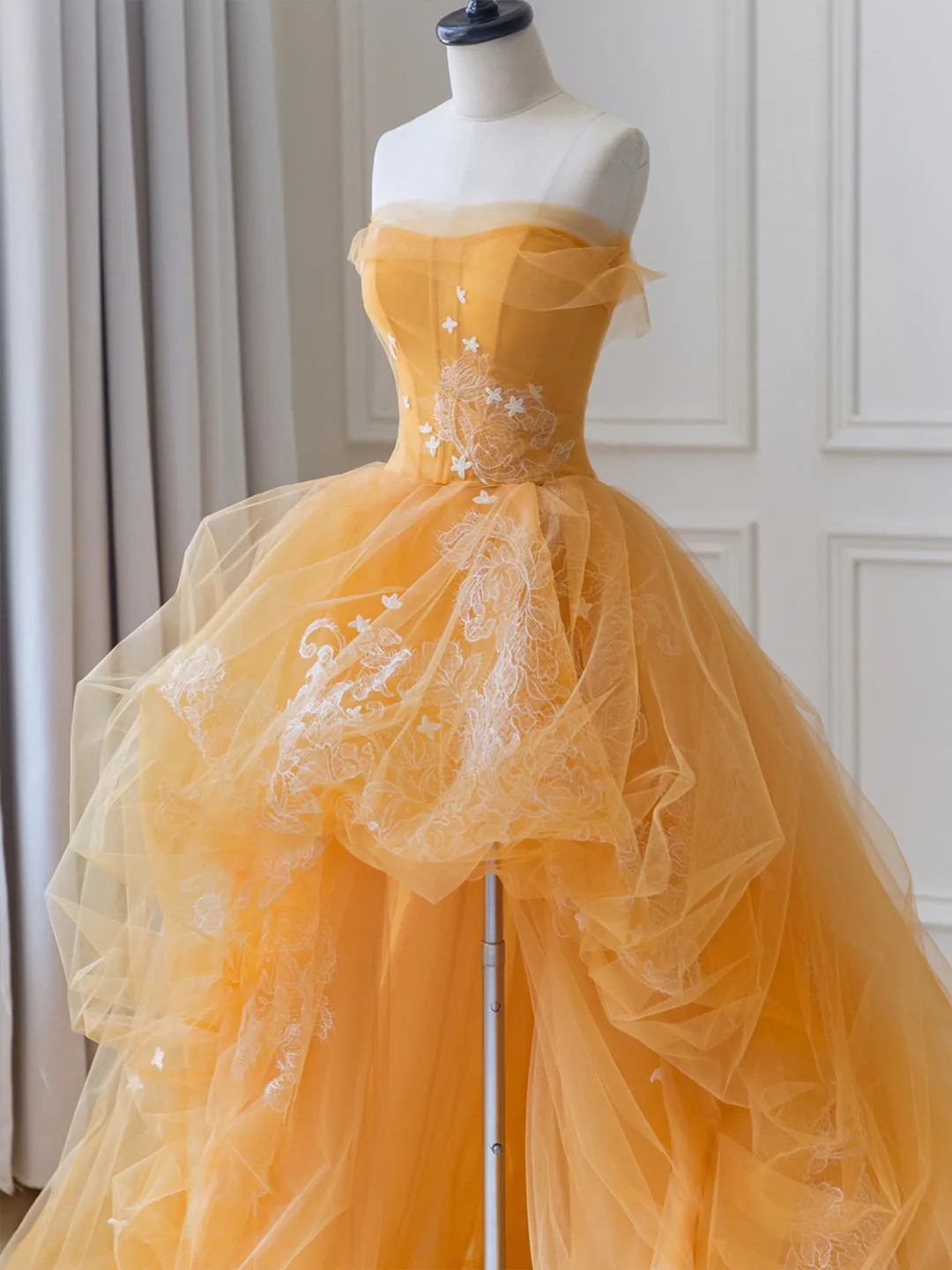 Orange Tulle Lace Long High Low Prom Dress A-Line Strapless Evening Dress