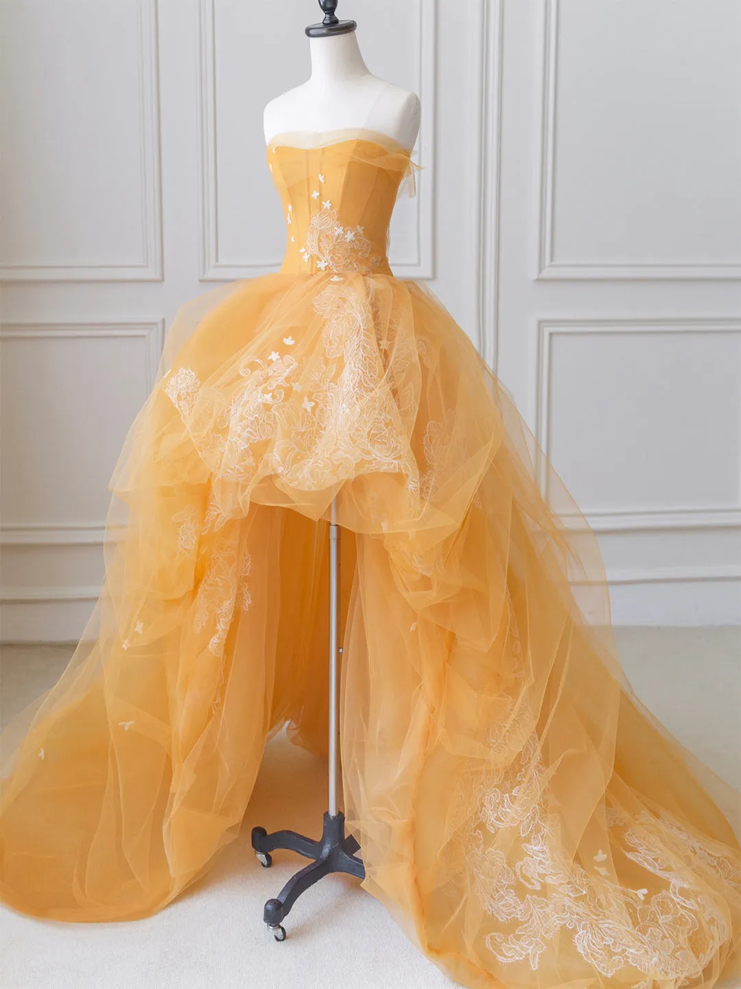 Orange Tulle Lace Long High Low Prom Dress A-Line Strapless Evening Dress