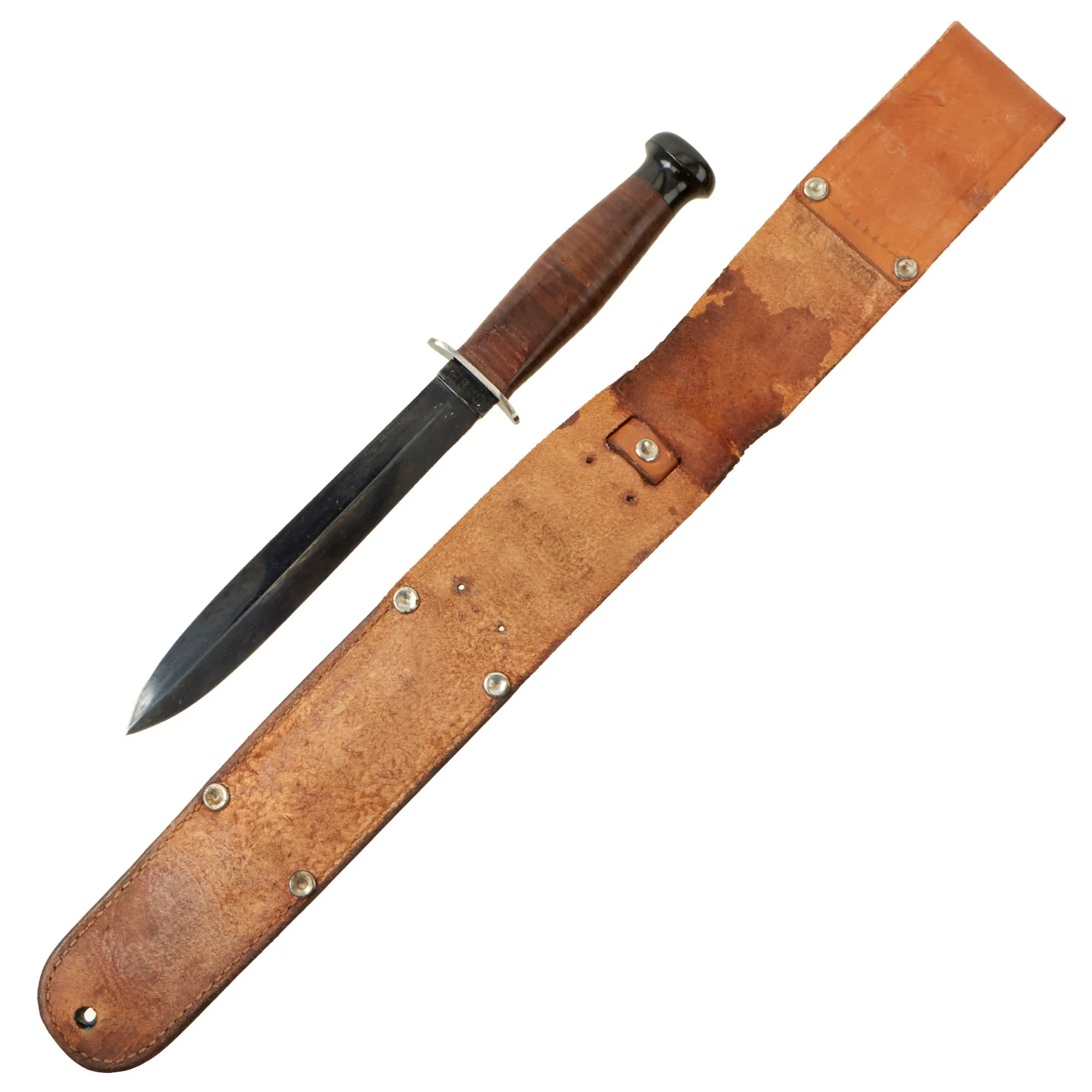 Original U.S. WWII Blued Case Stiletto “OSS Commando” Fighting Knife with Rare Long Drop Leather Sheath - Excellent Condition