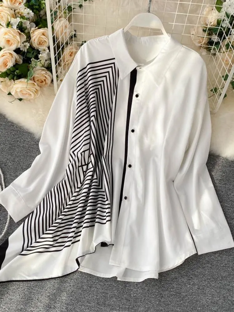 Oversize Women Shirts Fashion Patchwork Irregular White Loose Ladies Button Up Shirt Casual Long Sleeve Fall Female Top