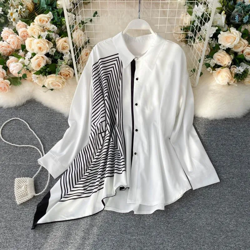 Oversize Women Shirts Fashion Patchwork Irregular White Loose Ladies Button Up Shirt Casual Long Sleeve Fall Female Top