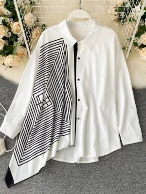 Oversize Women Shirts Fashion Patchwork Irregular White Loose Ladies Button Up Shirt Casual Long Sleeve Fall Female Top