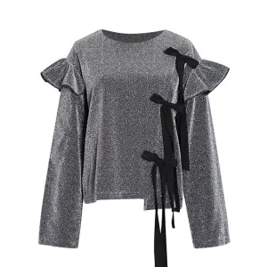 Patchwork Bowknot T Shirt For Women Round Neck Long Sleeve Ruffle Trim Loose Casual T Shirts Female Clothes Fashion