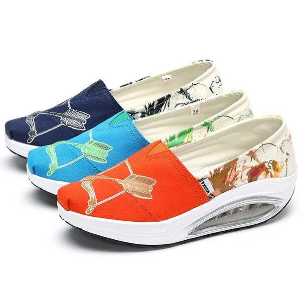 Pattern Color Blocking Canvas Platform Rocker Sole Shake Shoes