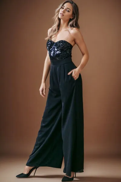 Pearl Sequin Tube Wide Leg Jumpsuit in Badass Black