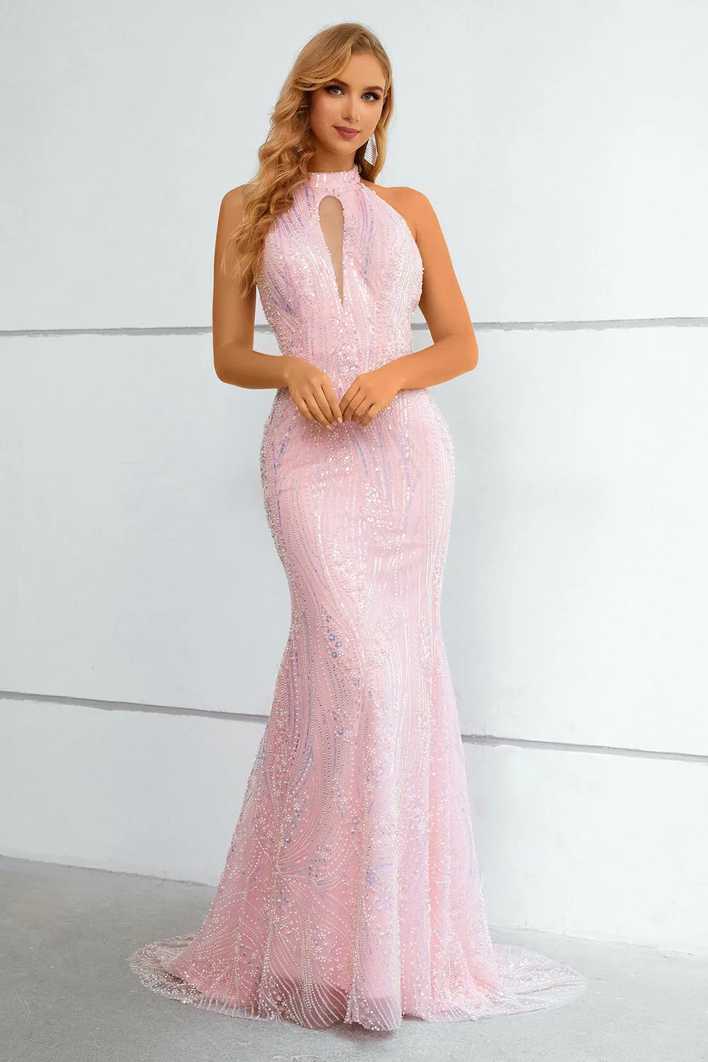 Pink Sequined Halter Neck Keyhole Backless Mermaid Prom Dress